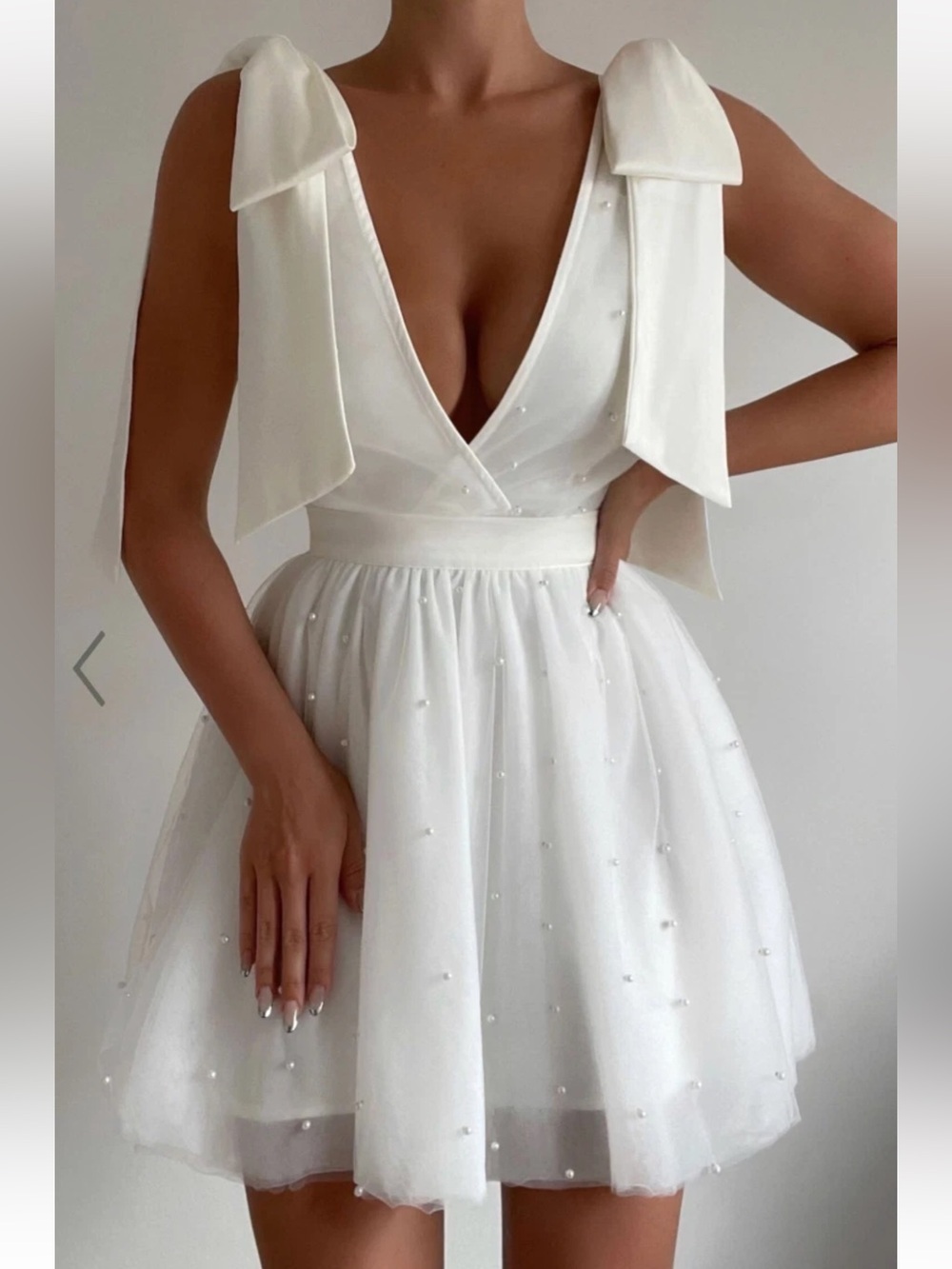Showpo Karalyn Mini Dress – Bow Strap Plunge Pearl Detail | White | US 12 NWT